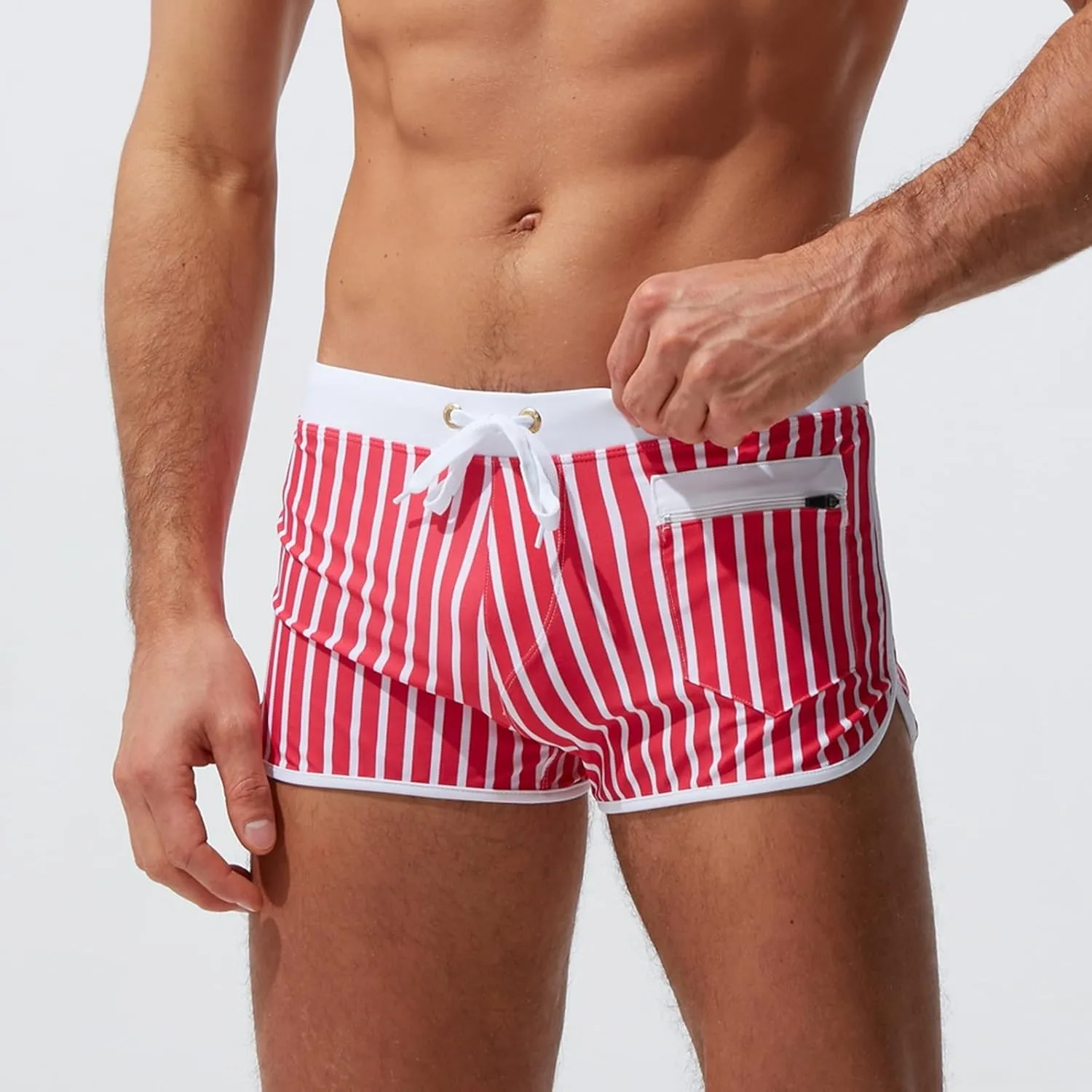 ZEFOTIM Swim Shorts for Men Drawstring Funny Striped Trunk Board Surf Swimsuit with Zipper Pockets