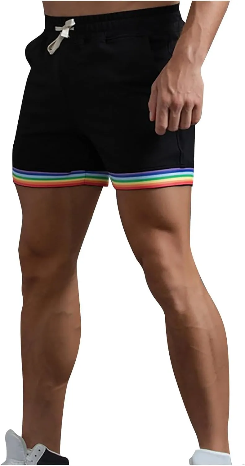 Zeiyignr Mens Rainbow Striped Sweat Shorts Casual Fitness Running Shorts Cotton Workout Gym Jogger Lounge Shorts with Pockets